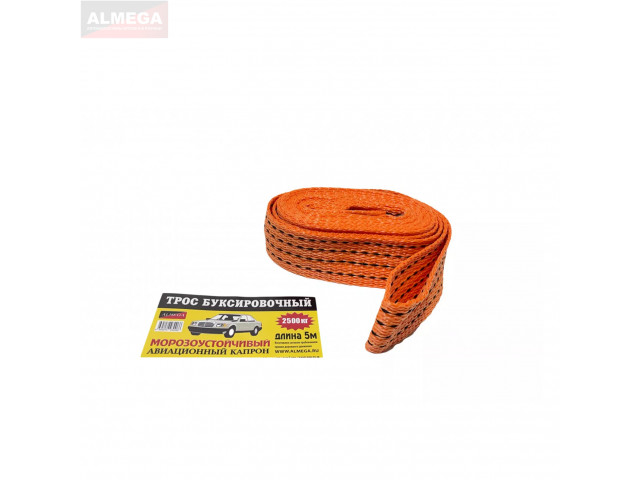 Трос  буксировочный для авто 2.5т. 2 петли, 5 метров, ширина 4.5см, ALMEGA, полипропилен, в пакете