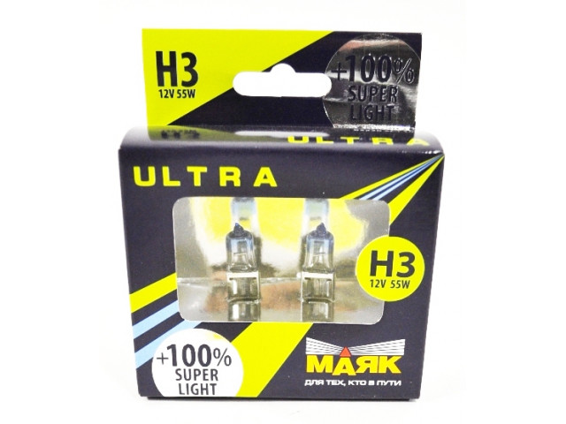 Автолампа H3 12- 55 Pk22s Super Light +100% "Маяк УЛЬТРА" к-т.