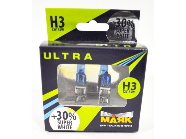 Автолампа H3 12- 55 Pk22s Super White +30% "Маяк УЛЬТРА"к-т.