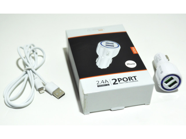 Зарядное устройство  в прикуриватель 2 слота USB+кабель Apple Lightning 1,2м