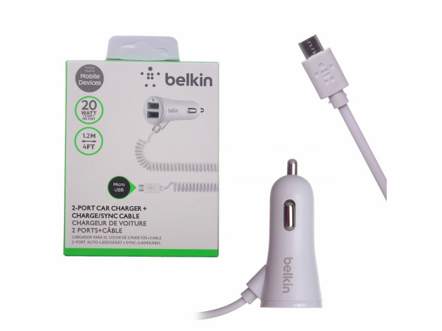 Зарядное устройство  в прикуриватель "BELKIN" 2слота-USB+ кабель microUSB/1,2метра, витой шнур
