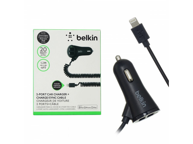 Зарядное устройство  в прикуриватель "BELKIN" 2слота USB+кабель Apple Lightning/1,2м,витой шнур