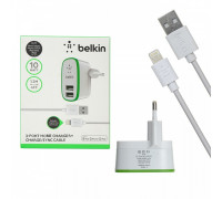 Зарядное устройство сетевое 'BELKIN'белое, 220V,2слота-USB, разъем ip7 iPhone. длина 1,2м,10W