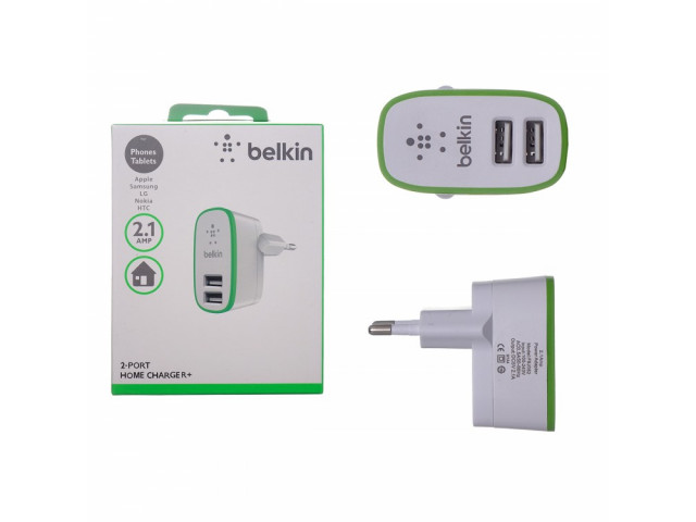 Зарядное устройство сетевое 'BELKIN', белое, 220V,2слота-USB,2,1А, 10W (отдельно блок)