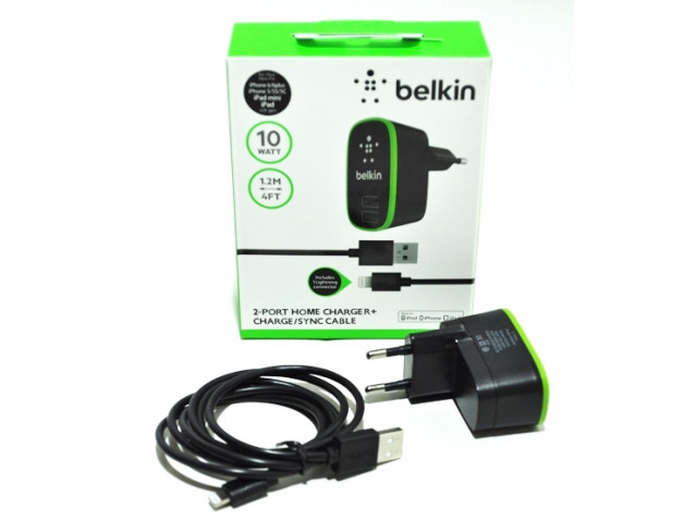 Зарядное устройство сетевое "BELKIN", черное, 220V,2слота-USB+кабель Apple Lightning, длина 1,2м,10W