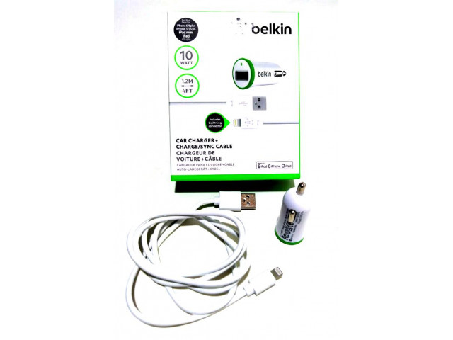 Зарядное устройство  в прикуриватель "BELKIN" 1слот USB +кабель Apple Lightning/длина 1,2м, белое