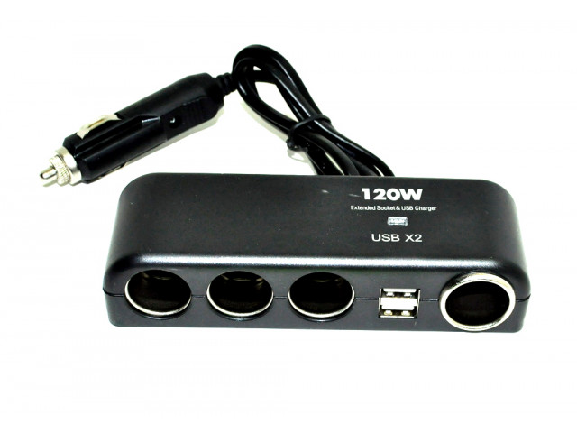 Разветлитель Прикуривателя "1525" 3 разъема, 2 Разъема USB, Разъем для сигарет  120w.12v/24v