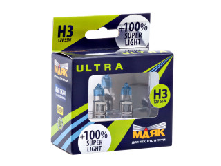 Автолампа H3 ULTRA Super Light +100% 12v 55w Pk22s  "Маяк " (комплект 2шт)