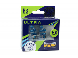 Автолампа H3 ULTRA Super Light +150% 12v 55w Pk22s  "Маяк " (комплект 2шт)