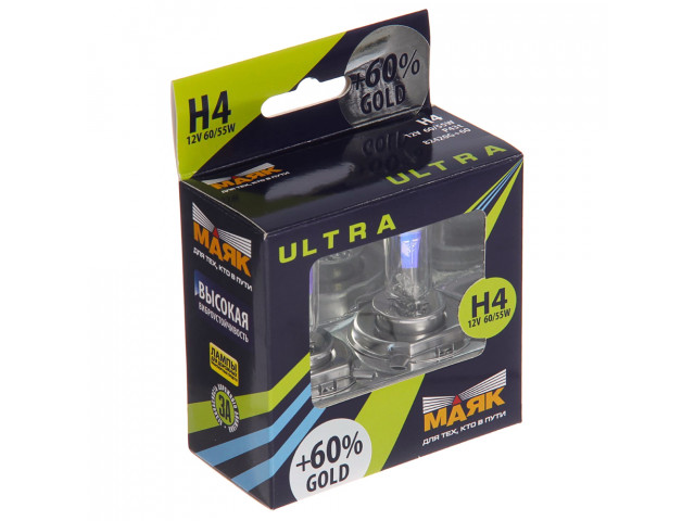 Автолампа H4 ULTRA Gold +60% 12v 60/55w P43t  "Маяк " (комплект 2шт)