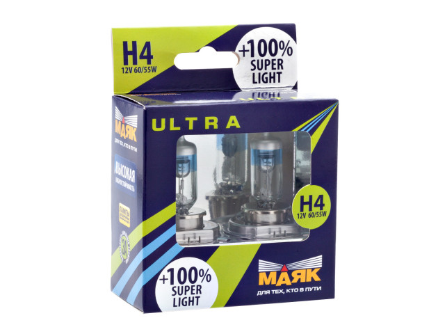 Автолампа H4 ULTRA Super Light +100% 12v 60/55w P43t  "Маяк "(комплект 2шт)