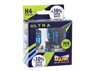 Автолампа H4 ULTRA Super White +30% 12v 60/55w P43t  "Маяк "(комплект 2шт)