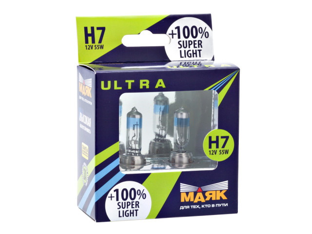 Автолампа H7 ULTRA Super Light +100% 12v 55w Px26d  "Маяк " (комплект 2шт)