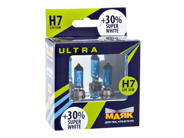 Автолампа H7 ULTRA Super White +30% 12v 55w Px26d  "Маяк " (комплект 2шт)