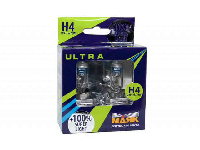 Автолампа H4 ULTRA Super Light +100% 24v 75/70w P43t  "Маяк "(комплект 2шт)