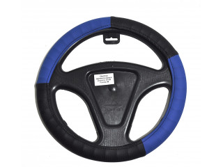 Оплётка на руль автомобиля   экокожа, черная с синими вставками  (размер М)
