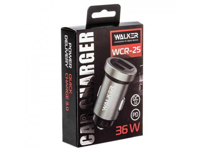 Зарядное устройство  в прикуриватель WALKER 2 слота USB+Type-C, 3А, 36Вт,быстрая зарядка 3.0,WCR-25