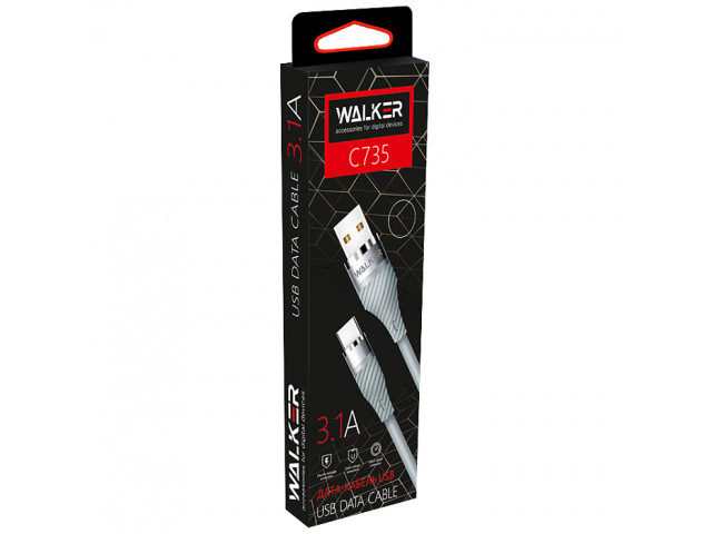 Кабель USB "WALKER"  microUSB прорезиненный, с металл.разъемом (3.1А), черный, С735,в индив. коробке