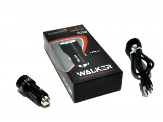 Зарядное устройство  в прикуриватель WALKER 2 слота USB, 2.4А, 12Вт + кабель Type-C, черное