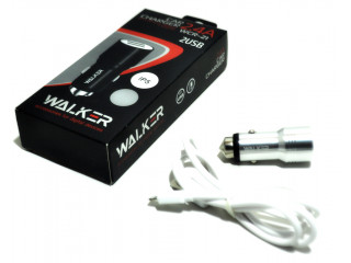 Зарядное устройство  в прикуриватель WALKER 2 слота USB, 2.1А, 12Вт + кабель Lightning, серебряное