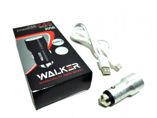 Зарядное устройство  в прикуриватель WALKER 2 слота USB, 2.1А, 12Вт + кабель Type-C, серебряное