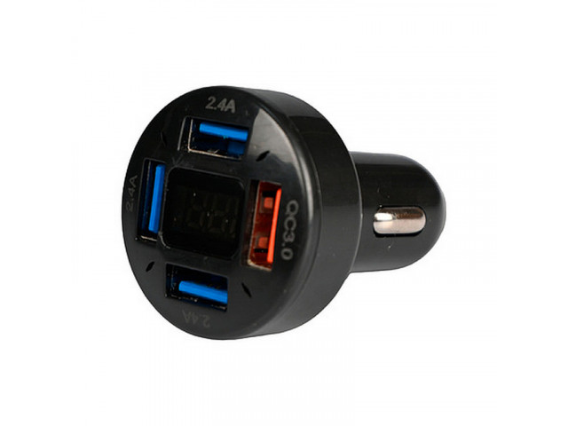 Зарядное устройство  в прикуриватель "RV-201" 3.0А+2.4А четыре USB с вольтметром, Quick Charge 3.0
