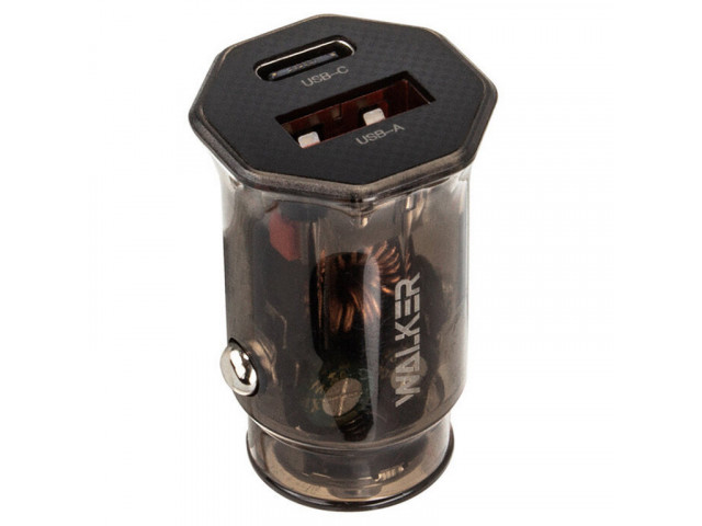 Зарядное устройство  в прикуриватель WALKER 2 слота USB+Type-C, 3А, 30Вт, QC 3.0 + PD, WCR-61 черное