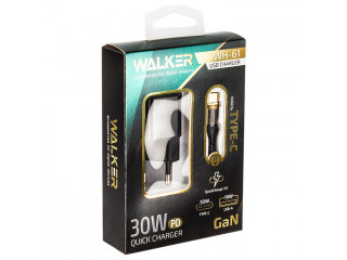 Зарядное устройство сетевое WALKER 2 слота USB+Type-C 3А 30Вт QC3.0+PD блок+ каб Type-C черное WH-61