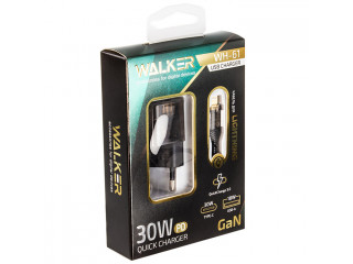 Зарядное устройство сетевое WALKER 2 слота USB+Type-C 3А 30Вт QC3.0+PD блок+ каб Apple черное WH-61
