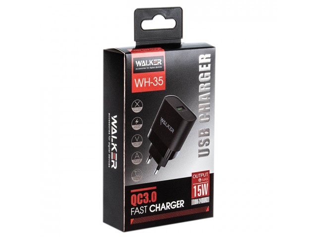 Зарядное устройство сетевое WALKER 1 слот USB, 2.4А,15Вт,быстрая зарядка QC 3.0, блочок черное WH-35