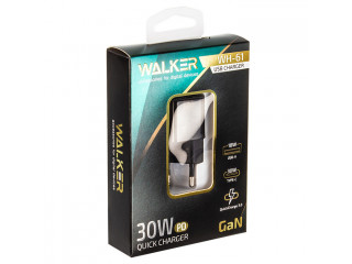 Зарядное устройство сетевое WALKER 2 слота USB+Type-C 3А 30Вт QC3.0+PD блочок черное WH-61