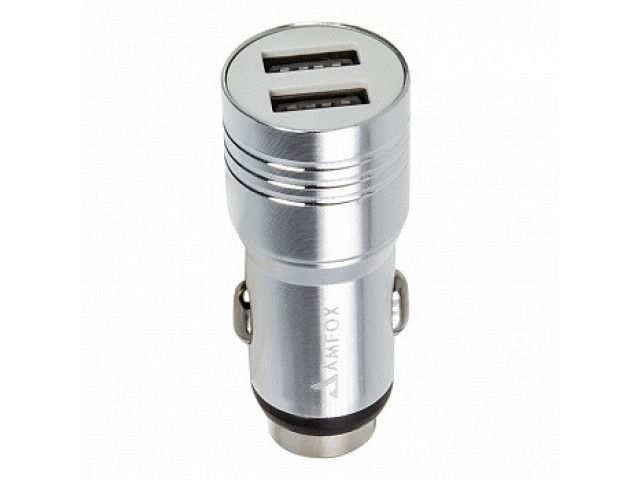 Зарядное устройство  в прикуриватель AMFOX  2 слота USB, 2.4A, 12Вт, блочок, серебрянное, CCH-11