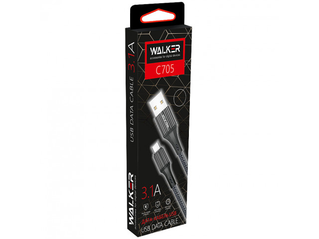 Кабель USB "WALKER" TYPE-C в мат. обмотке, (3.1А), черный,С705 Кабель USB "WALKER" TYPE-C в мат. обмотке, (3.1А), черный,С705