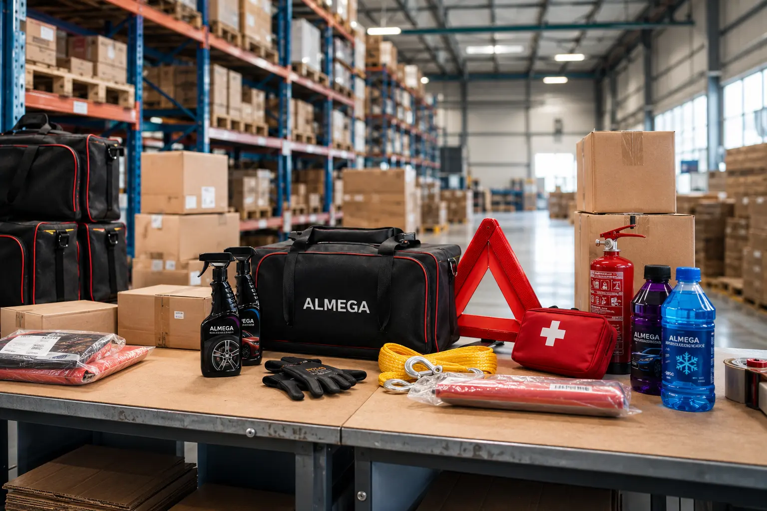 Сборка наборов автомобилиста и автохимии на складе Almega